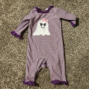 Stitchy Fish Ghoul Friend Applique Ruffle Romper in Purple.